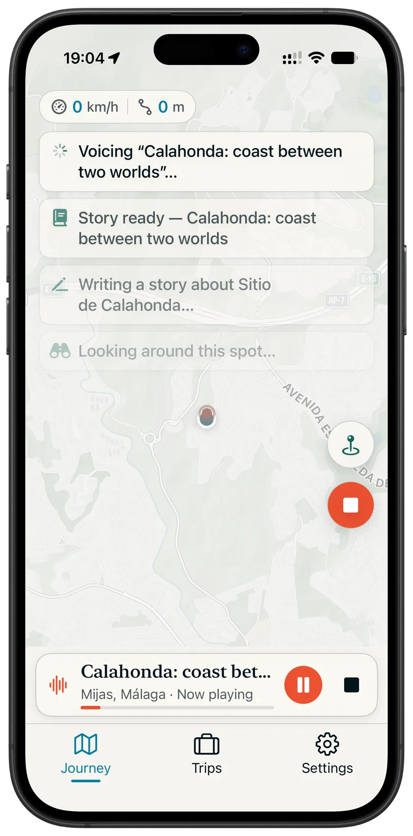 A story playing during a live journey, with the route drawn on the map behind it.