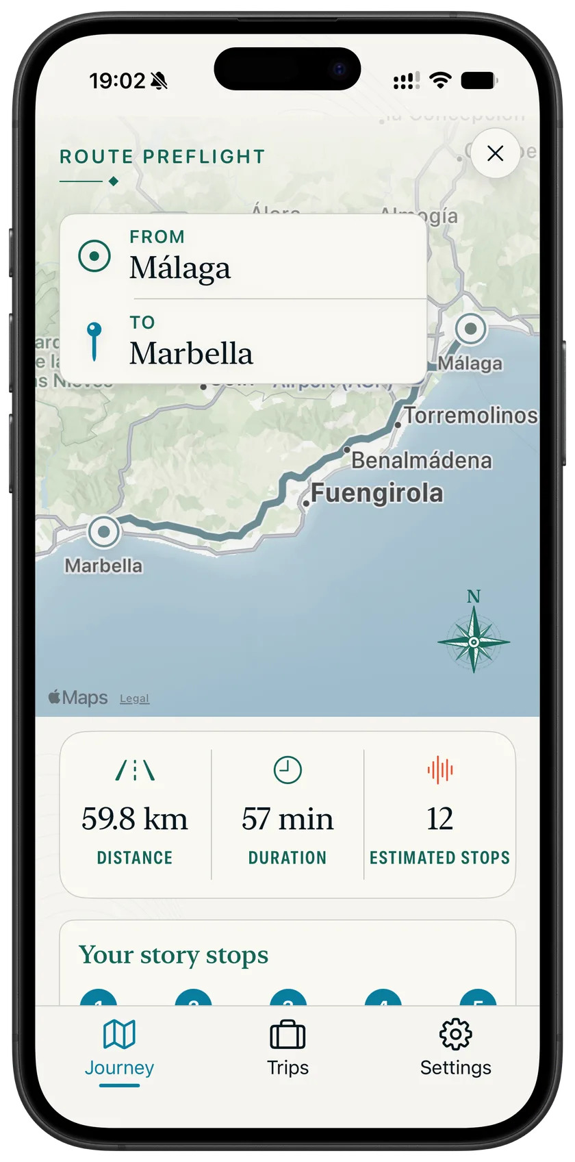 Route preflight showing the Málaga to Marbella route with distance, duration and estimated stops.