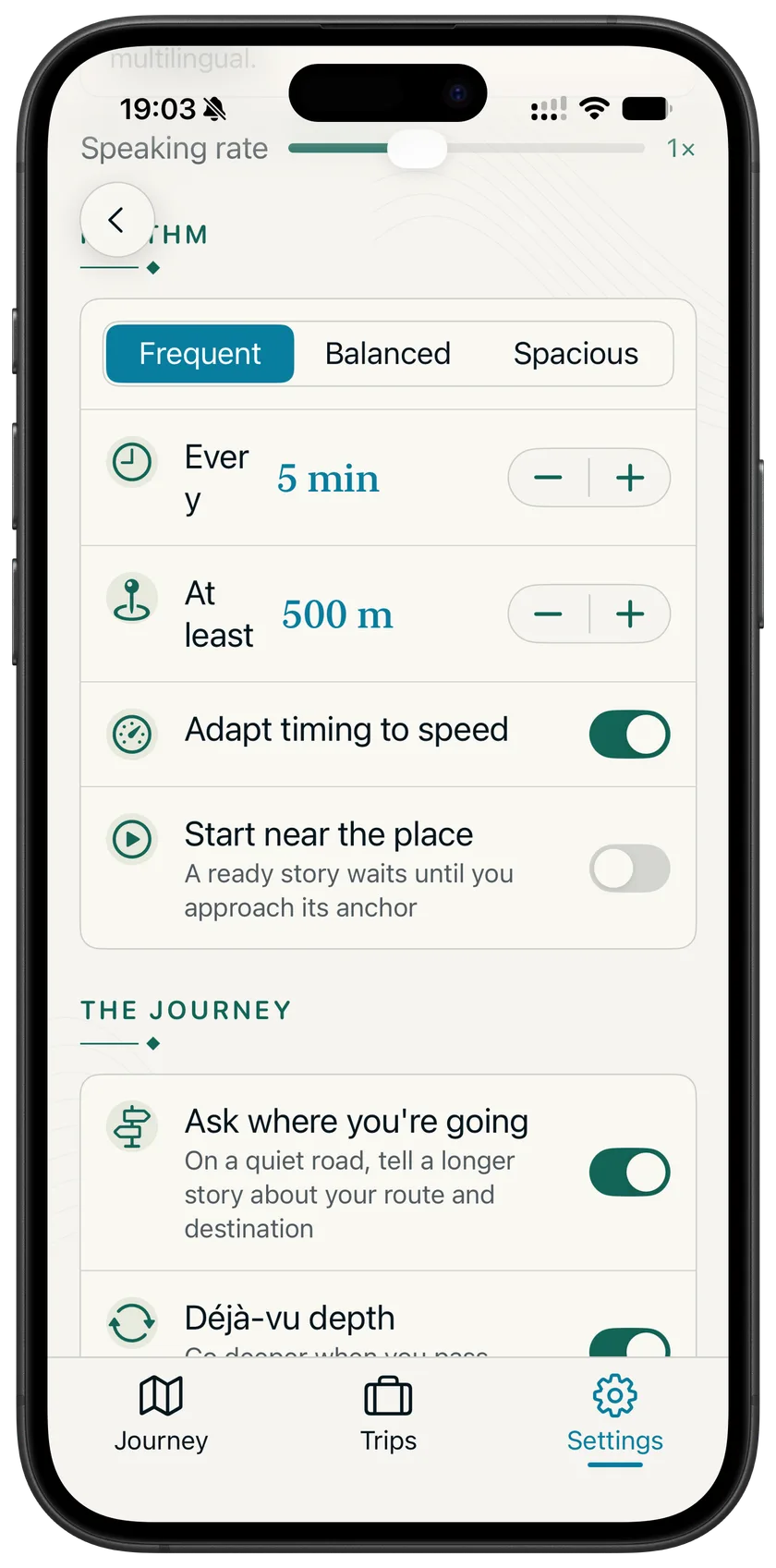 Journey settings controlling how often stories arrive and how they adapt to speed.