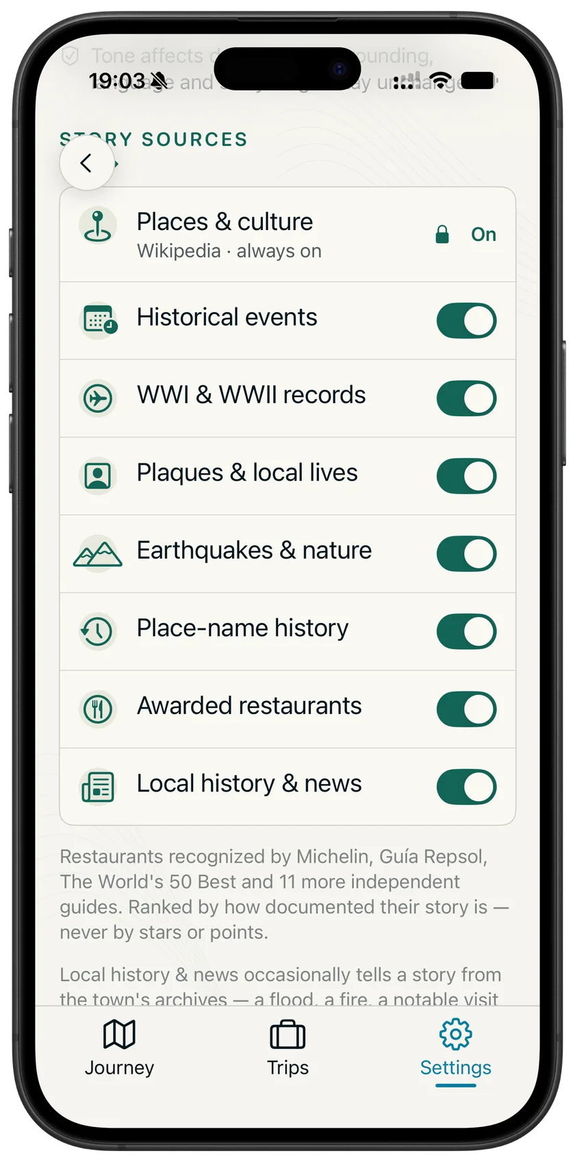 Story sources settings listing historical events, plaques, nature records and local history.
