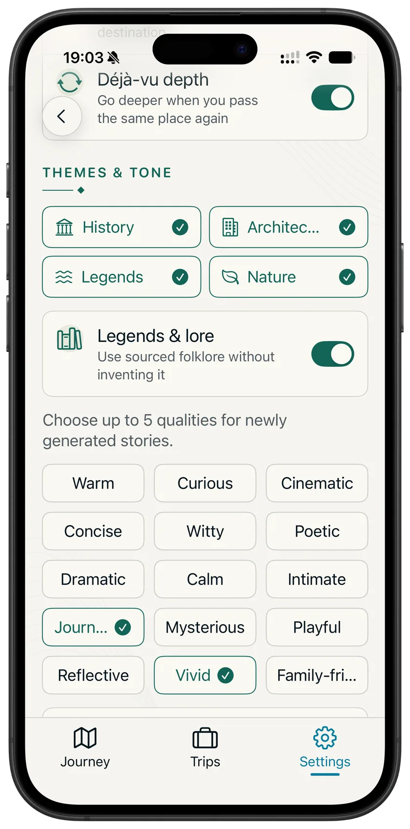 Themes and tone settings: history, architecture, legends and nature with tone qualities.